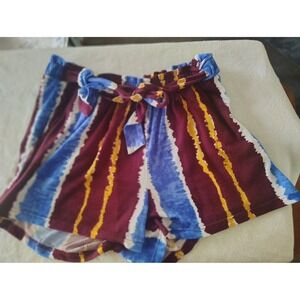 It's Womens Tie Dye Striped Shorts Burgundy Blue Yellow Elastic Waist Belted M